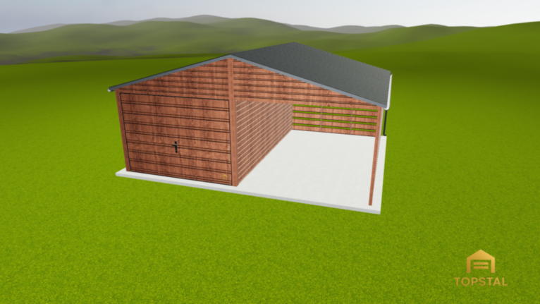 Garaż blaszany 6x5 CIEMNY ORZECH z wiata w panelach