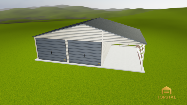 Garaż blaszany 9x6 dwuspadowy Biały z wiatą